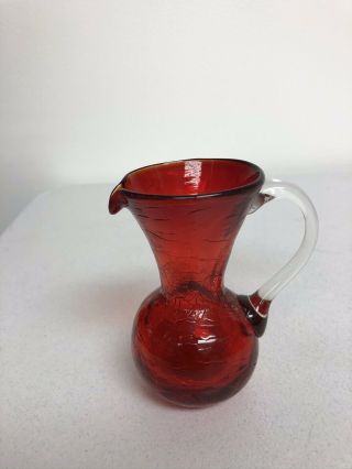 Vintage Hand Blown 4” Crackle Glass Pitcher Small Ruby Red W/ Applied Handle