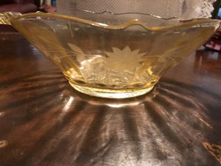Vintage Lancaster Yellow Depression Glass Serving Bowl W/ Handles Etched Flowers