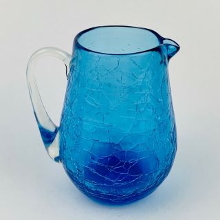 Blue Crackle Glass Mini Pitcher Clear Applied Handle Vintage
