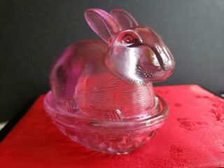 Green & Pink Vaseline Glass Bunny Rabbit On Nest Basket Dish Easter Candy Neon