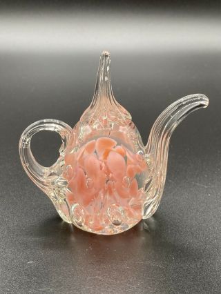 Vintage 1986 Gibson Glass Teapot Paperweight With Pink Flowers