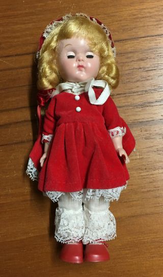 Vintage Vogue Ginny Doll Red Velvet Dress Bonnet Blonde Braids Bendable Knees
