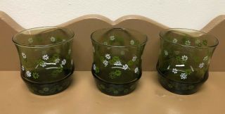 3 Vintage Libbey Green Juice Glasses Strawflowers With Green & White Daises