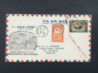 Canada 1937 First Flight Cover Prince George To Fort Grahame Backstamp