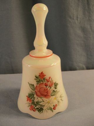 Fenton Hand Painted White Carnival Glass Bell - Pink Roses White Glitter Flowers