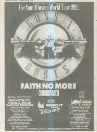 (anew12) Advert 7x5 " Guns N Roses Use Your Illusion Tour 1992 Faith No More