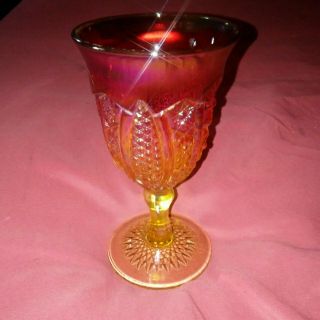 Indiana Carnival Glass Wine Goblet Etched Flower Design 6.  5 " Vintage Antique