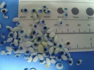 50 - Tiny Vintage 3 To 6 Mm Blue Oval Glass Eyes For Small Bisque Dolls