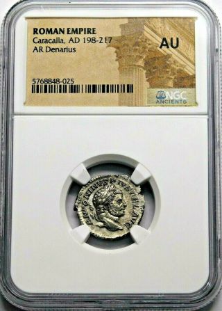 NGC AU.  Caracalla.  Stunning Denarius.  Brother of Geta.  Ancient Roman Silver Coin 3