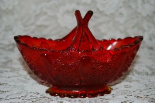Vintage Fenton Glass Ruby Red Daisy & Button Oval Basket Marked Antique Art