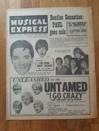 Nme Music Newspaper Dated June 25th 1965 Rolling Stones Presley Paul Mccartney