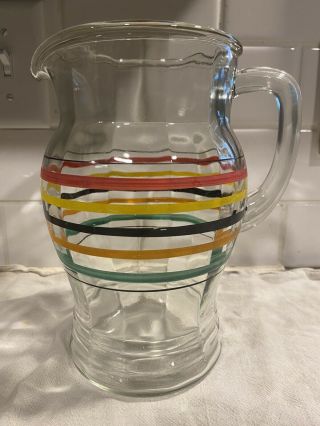 Vintage Mcm Mid Century Modern Glass Water Carafe Pitcher With Colored Bands
