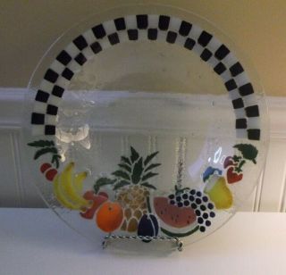 Fused Art Glass Large Bowl With Peggy Karr Fruit & Checkerboard Design Unsigned