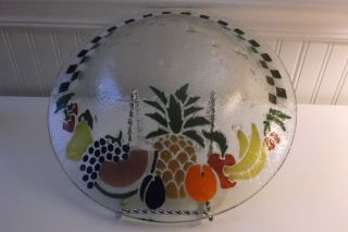 FUSED ART GLASS LARGE BOWL WITH PEGGY KARR FRUIT & CHECKERBOARD DESIGN UNSIGNED 2