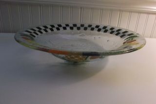 FUSED ART GLASS LARGE BOWL WITH PEGGY KARR FRUIT & CHECKERBOARD DESIGN UNSIGNED 3