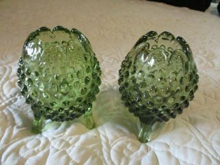 Vtg Olive Green Glass Hobnail Fenton Art Glass 2 Egg Shaped Footed Vases