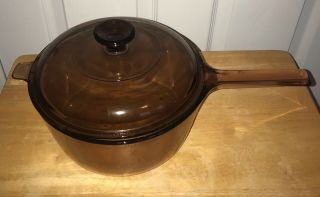 Vintage Pyrex Corning Vision Ware Amber Glass 2.  5l Pot Sauce Pan With Lid Usa