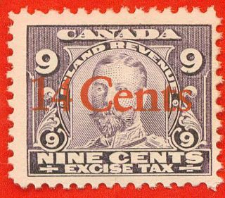 Canada Excise Tax Revenue Stamp Van Dam Fx28 14 Ct Overprint On 9 Cts Uncancld