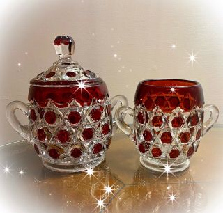 Antique 1890’s Ruby Red Flash Us Glass Double Red Hexagonal Block Lidded Bowls
