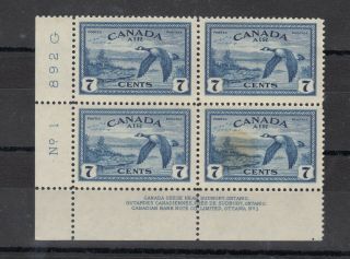 Canada Kgvi 1946 7c Geece Inscript/control Block Of 4 Sg407 (1 Toned) Mnh J9914