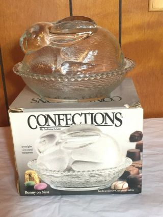 Vtg Indiana Clear Glass Easter Bunny Rabbit On Nest Beaded Edge Candy Dish W Lid