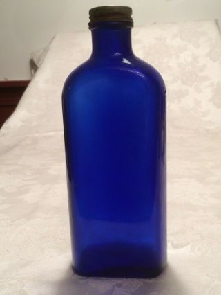 Vintage Cobalt Blue Glass Empty Bottle With Lid,  8 1/2” Tall