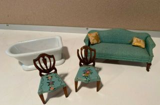 Rare Vintage Tynietoy Hand Painted Wooden Dollhouse Chair,  Couch,  Ceramic Bathtub
