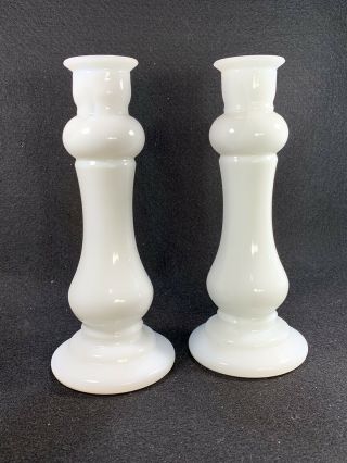 E.  O.  Brody Vintage Opaque Milk Glass Candle Holder Bud Vase Set Of Two 8 " Tall