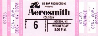 Aerosmith - Three Concert Tickets For Shows At Jackson Coliseum 1976 & 1978.