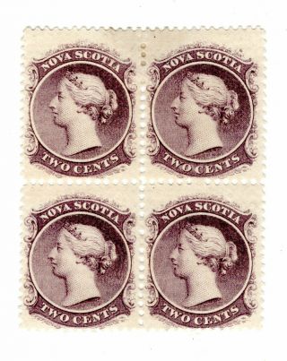 Nova Scotia Qv 1860 Block Of 4,  2 Cents Purple,  Hinged,  Yellowish Paper?