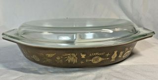 Vintage Pyrex Early American Divided Baking Dish Casserole W/lid Gold & Brown