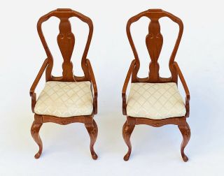 Vintage Mini Dollhouse Museum 2 Fantastic Merchandise Wood Arm Chairs Silk Seat