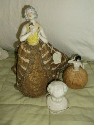 10 " Antique German Porcelain Half Doll Pin Cushion/3 " Doll Head/4 1/2 " Pin Cushi