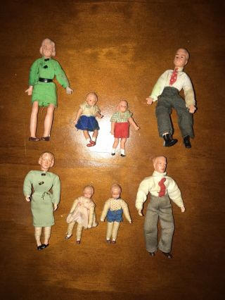 Vintage Caco Dollhouse Dolls Family Of 4 Germany Metal And 4 Rubber