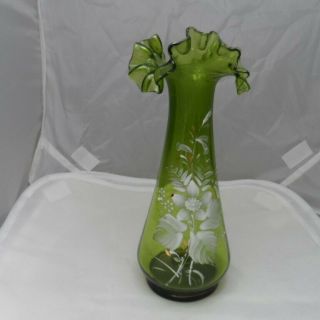 Vintage Green Glass Vase With White Floral Motif Hand Blown & Hand Painted