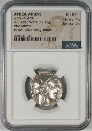 Ancient Attica Athens 440 - 404 Bc Athena Owl Tetradrachm Silver Coin Ngc Ch Xf