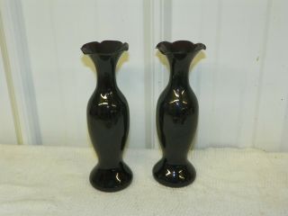 Pair Vintage Black Purple Amethyst Glass 8 " Ruffled Top Flower Bud Flower Vases