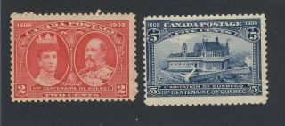 2x Canada 1908 Quebec Stamps 98 - 2c Mnh F & 99 - 5c Mh F Guide Value= $65.  00