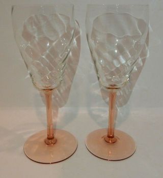 Depression Glass Set Of 2 Swirl Pattern Water Goblet Clear Bowl,  Brown Rose Stem