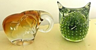Vintage Mid Century Controlled Bubble Green Owl Murano Amber Elephant Murano