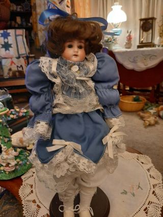 Antique 14 1/2 Inch Am " Ruth " Doll In A Pretty Blue Lace - Trimmed Dress