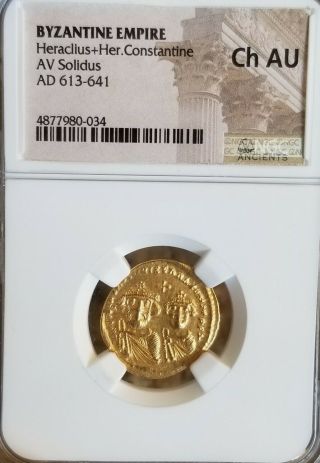 Byzantine Empire Heraclius & Her.  Constantine Solidus Ngc Ch Au Ancient Gold.