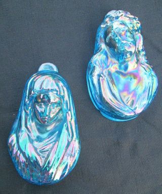 Vintage Blue Iridescent Carnival Glass Wall Hanging Jesus And Mary Sculptures
