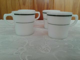 4 Vintage Pyrex Corning Table Ware Green Stripe Coffee Cups Restaurant Ware 709