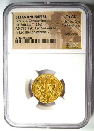 Ancient Leo IV and Constantine VI AV Solidus Gold Coin 776 - 780 AD.  NGC Choice AU 2