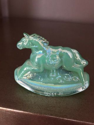 1984 Rocky Jr 18 Bennet Art Glass Green Carnival Rocking Horse Figurine