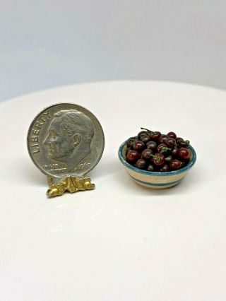 Dollhouse Miniature Artist Jane Graber Pottery Blue Banded Bowl Of Cherries 1:12