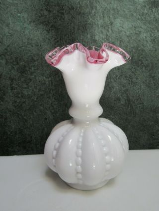 Fenton Art Glass Beaded Pink & White Silver Crest Ruffled Lip Vase 6 1/2 In
