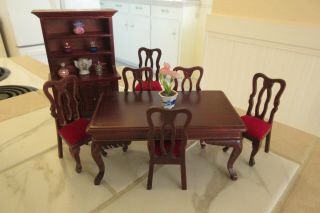 Dollhouse Miniature Mahogany Dining Room Set With Hutch & Accessories 1:12 Scale