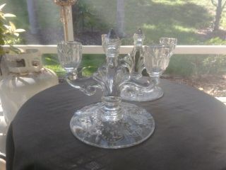 Set Of 2 Heisey Elegant Glass Orchid Etch Trident Crystal Clear Candlesticks
